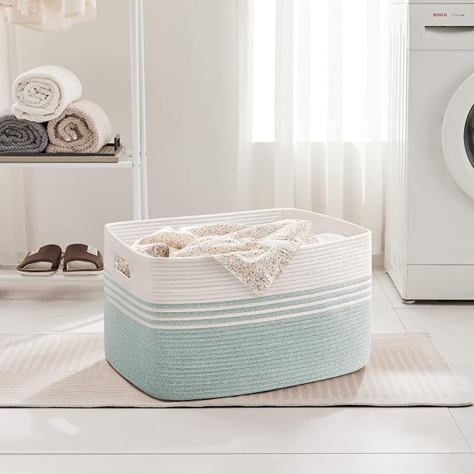 72L Large Woven Laundry Basket Hamper with Handles, Green | collapsible wicker hamper, storage for dirty clothes, toys, blankets, gifts, living room, bedroom, bathroom, 22"x17"x12"