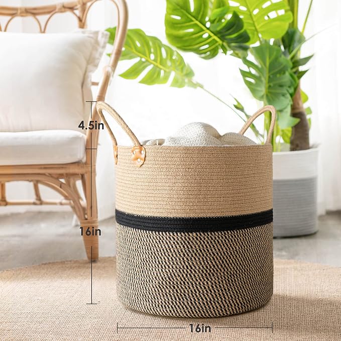 CHICVITA Large Wicker Storage Basket with Leather Handles, 16" x 16", Black | Decorative Woven Basket for Toys, Shoes, Blankets & Laundry Storage, Living Room & Bedroom Organizer, Indoor Plant Basket