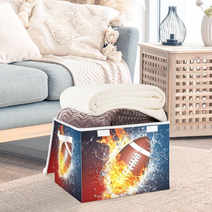 Fabric Storage Bins with Lid Football Fire Water Closet Storage Basket 40L | Decorative Storage Boxes, Dust-Proof Flip Top, Reinforced Handles, For Home & Bedroom, Clothes & Toy Box, Oxford Fabric Print