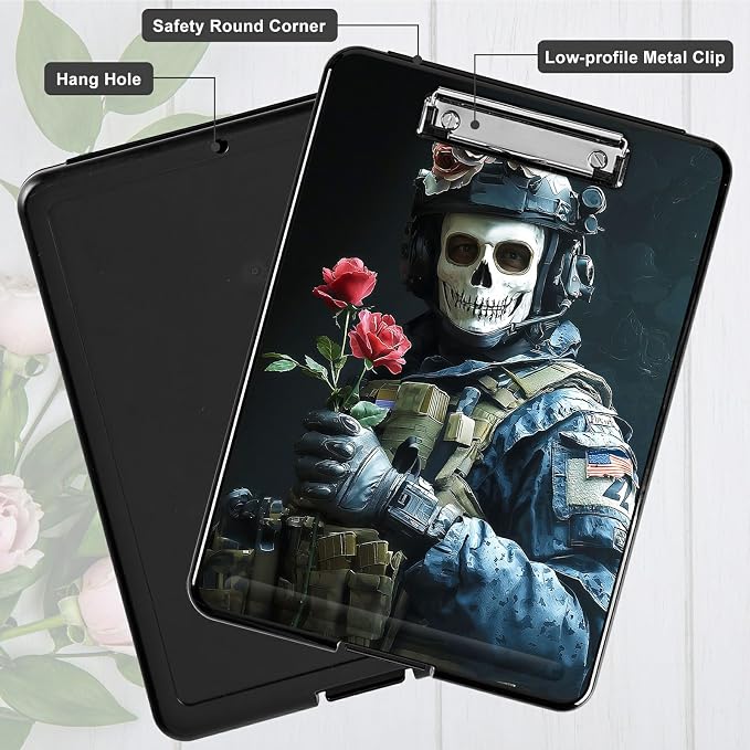 Heavy Duty Storage Clipboard, Slim Nursing Clipboard with Internal Pen Case, Portable File Organizer Case for A4 Letter Size Paper Office Medical Professionals, Skull Man Flower