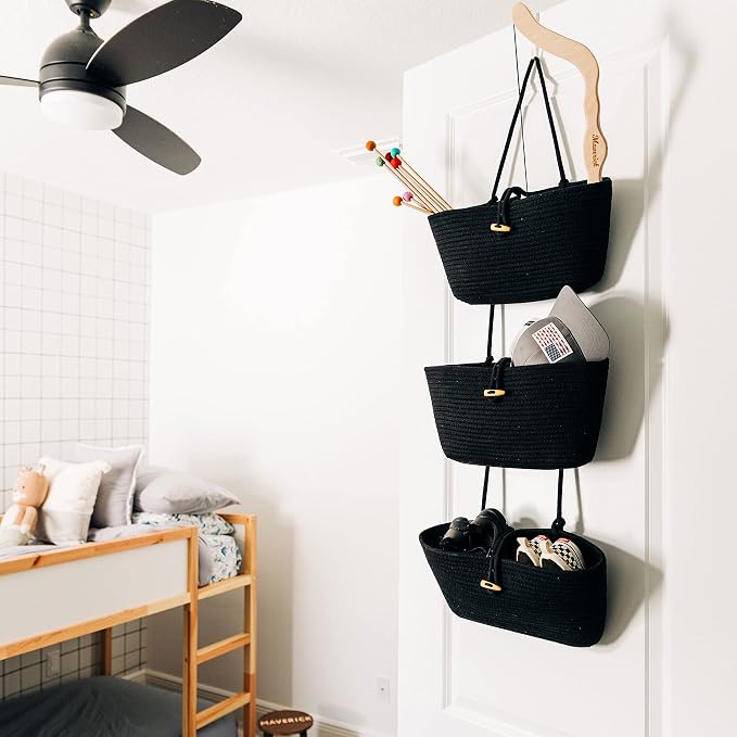 OrganiHaus Over the Door Organizer, Woven Rope Hanging Baskets, 3-Tier | Cotton Wall Storage Basket For Nursery Decor, Entryway, Bathroom, Playroom Or Dorm, Mounts On Door Or Wall, Black