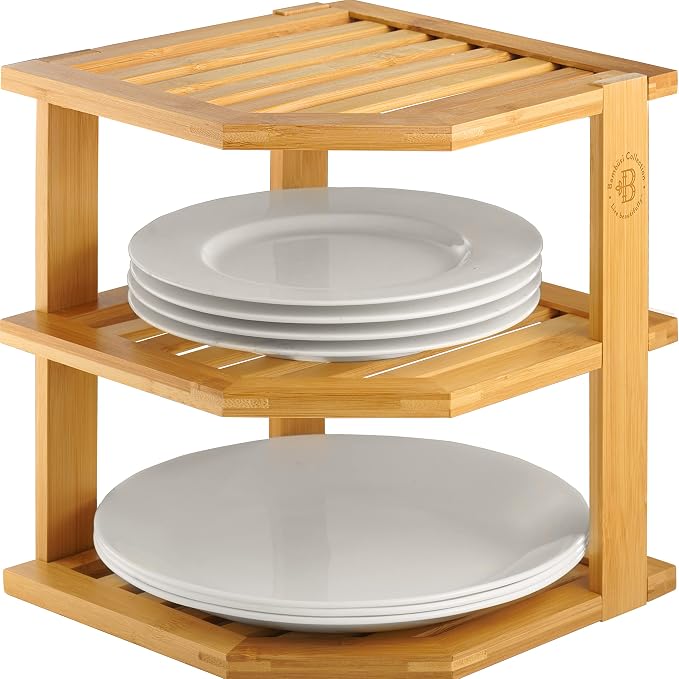 Bambüsi Kitchen Cabinet Organizer, Corner Plate Organizer for Cabinet | 3-Tier Bamboo Corner Shelf Rack, Holds Plates Bowls Mugs Cups, Space Saving Dish Storage Organization, Easy Assembly