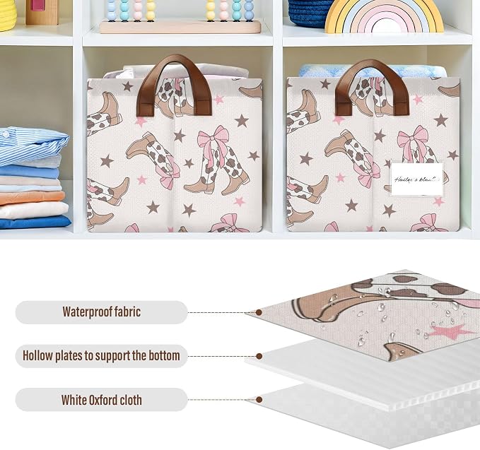Western Cowgirl Boot with Coquette Bow Storage Basket Foldable Cube Storage Bins with Handles&Label Collapsible Organizer Box Bin Rectangle Decorative Baskets for Shelves Home Living Room Closet, 2 PC