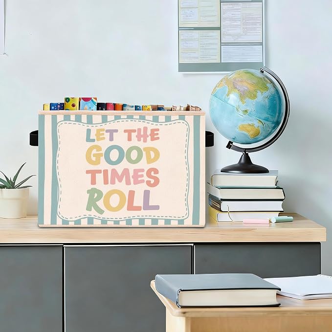 Good Times Storage Bin, Foldable Fabric Basket for BedRoom Classroom | Foldable fabric storage bin with blue stripe design for toys, books, clothes, nursery, classroom, and playroom use.