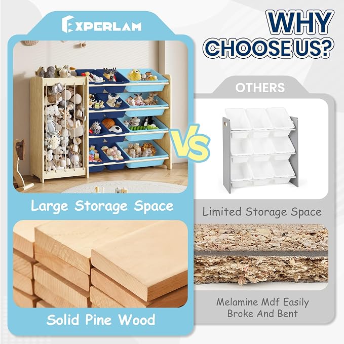 EXPERLAM Kids Toy Storage Organizer, 2-in-1 Stuffed Animal Storage & Toy Organizer w/12 Bins, Solid Wood Toy Rack Featuring Thicker Elastic Ropes, Playroom Nursery Bedroom Storage, Blue