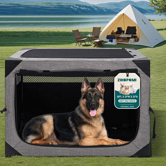 Zikopomi 36 Inch Portable Soft Foldable Dog Crate | 3 Zipper Door,Collapsible Soft Pet Kennel, Foldable Dog Cage, for Small and Medium Dogs, Indoor Outdoor Travel, Light Grey