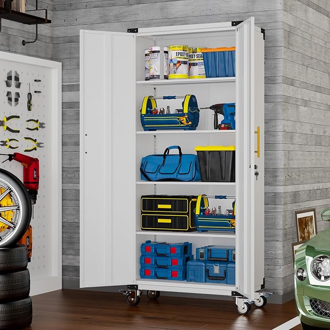 pozdeg 71" Tall Metal Rolling Garage Storage Cabinet with Lock & Wheels ﻿
