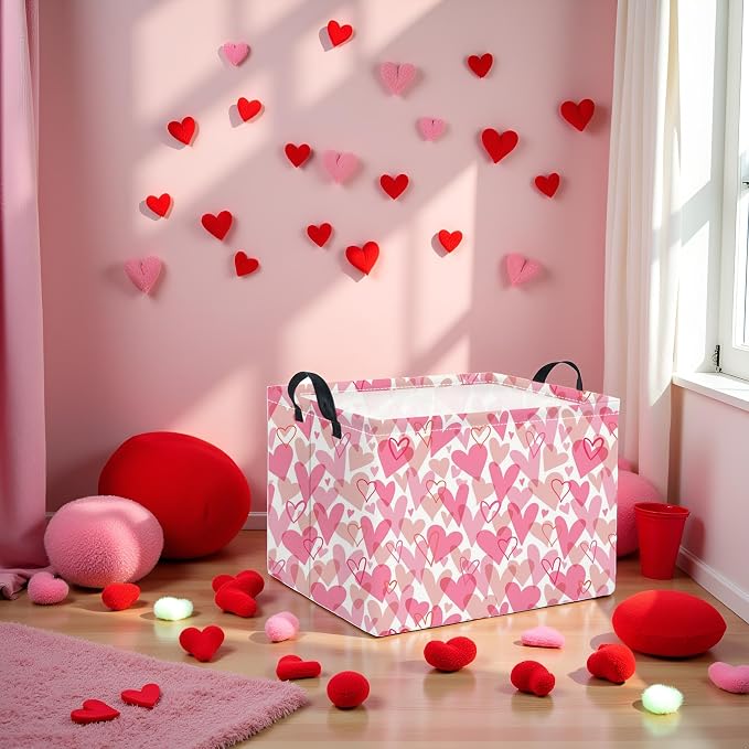 Rectangular Valentines Basket for Women Girls Storage Bin Organizer Box Shelf Room Decor(Romantic Hearts)