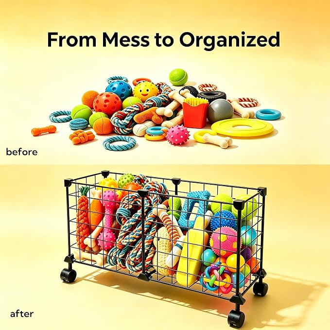 Indestructible X Large Dog Toy Basket with Wheels, Metal Dog Toys Holder for Cats, Heavy-Duty Storage Bin for Chew Toys & Blankets Pet Food Storage Box Organization, Chew-Proof Toy Organizer for Puppy