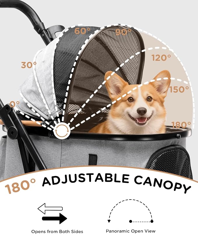 GTPLAYER Pet Stroller for Small Dogs and Cats, One-Click Foldable, Detachable Carrier, Breathable Mesh, 45 lbs Capacity, 2 Safety Leashes, Storage Basket & Cup Holder, Light Gray