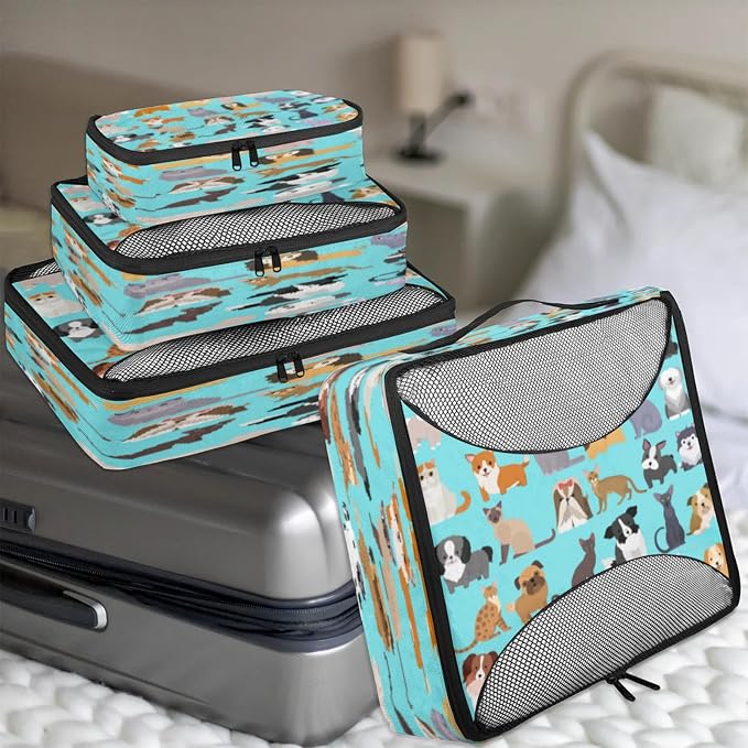 Cute Cat Dog Packing Cubes for Travel, Luggage Packing Organizers, Set Funny Puppy Kitten Travel Accessories Large Toiletries Bag for Clothes Shoes Cosmetics Toiletries