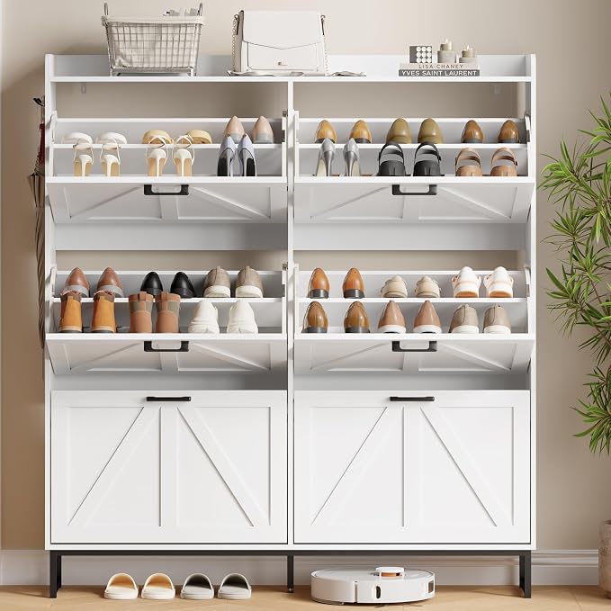 Xixini Shoe Storage Cabinet with 6 Flip Drawers, Entryway Shoe Rack, White | Freestanding Narrow Shoe Storage, Hidden Slim Wood Shoe Organizer, Modern Farmhouse, Open Storage & Hooks for Closet, Hallway