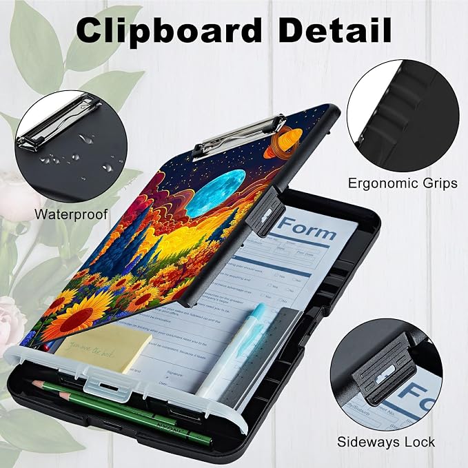 Sunflower Clouds Moon A4 Clipboard with Storage Pen Holder, Clipboards Organizer Nursing Clipboard Foldable File Folder Plastic Clipboard Folio Clip Board for Office Students Classroom