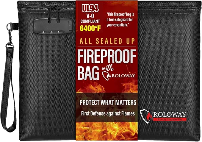 ROLOWAY Fireproof Document Bag (14.5 x 11.5 inch), 6400℉ Fireproof Money Bag with Zipper for Cash, Fire Safe Money Pouch with Lock (Black)