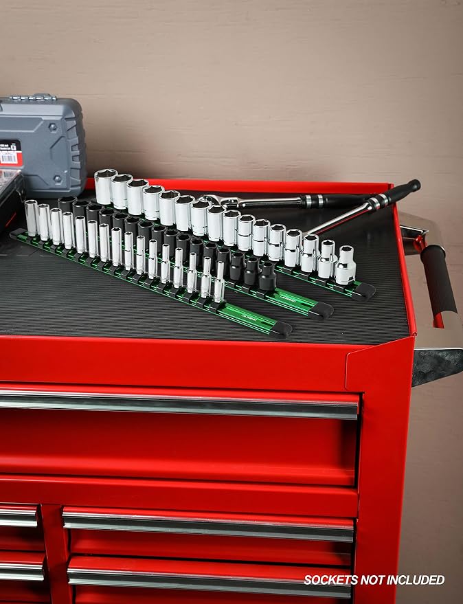 ARES 60045 3-Pc 1/4,3/8,1/2-In Green Socket Rail | Part No. 60045; 1/4-Inch, 3/8-Inch, and 1/2-Inch Drive Socket Organizers Hold 48 Sockets
