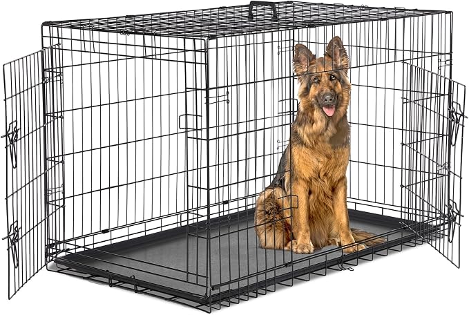 Extra Large Dog Crate 48 Inch Double Door Pet Cage Kennel | Metal Wire, Secure Lock, Plastic Leak-Proof Pan Tray, Indoor Outdoor Training Pet
