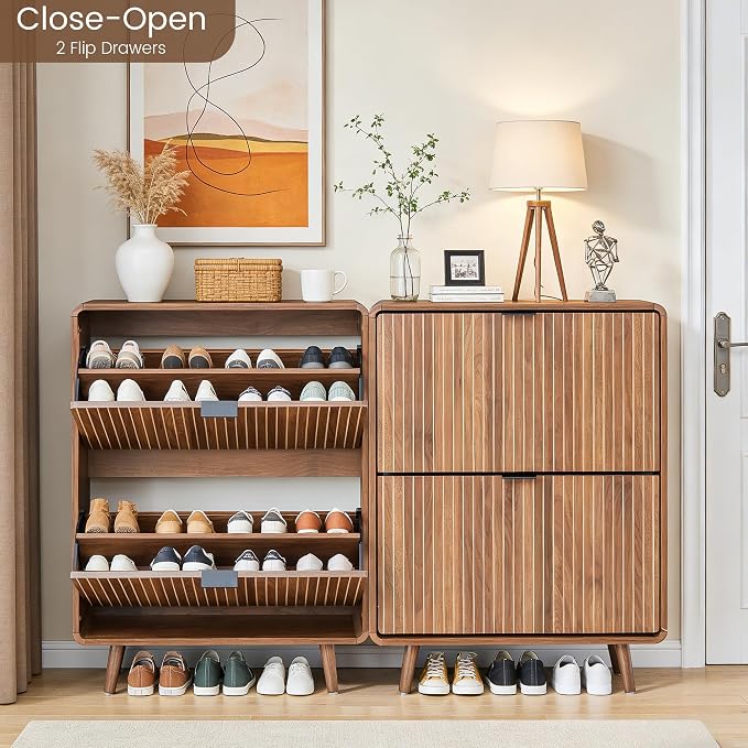 FurSch Fluted Shoe Storage Cabinet with 2 Flip Drawers | Narrow Shoe Rack Cabinet Organizer, Adjustable & Removable Shelves, for Entryway