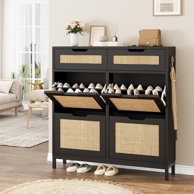 Jocoevol Rattan Shoe Cabinet for Entryway, Boho Shoe Storage Cabinet with 4 Flip Drawers and 2 Drawers, Narrow Freestanding Shoe Rack with Metal Legs for Entryway/Hallway/Foyer (Black)