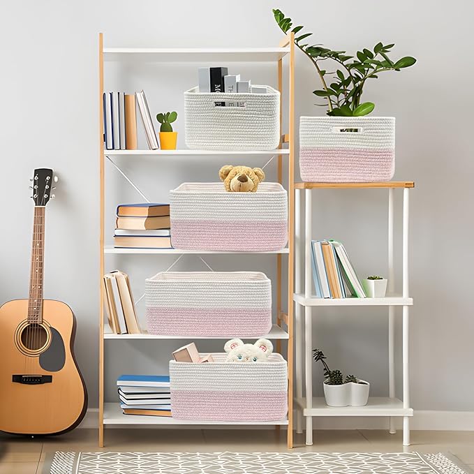 COMFY-HOMI Cotton Rope Woven Basket with Handles for Shelves,Toys,Book, Cloth Storage Baskets Bin for Organizing- 1 PCSToy Decorative Organizer for Living Room, Bathroom 17" x 13" x 7.5"