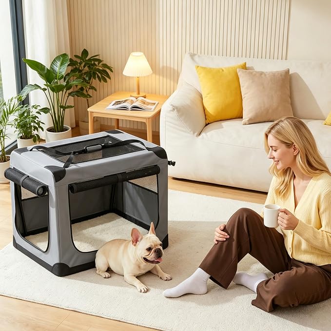 42 Inch Soft Dog Crate Collapsible 3-Door Travel Kennel for Large Dogs, Portable Pet Cage, Fleece Bed, Storage Pocket & Safety Zippers, Indoor Outdoor Car Use Dog Crate