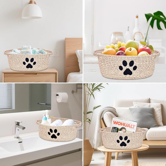 ABenkle Small Woven Basket with Handle, Cute Dog Paw Baskets for Gifts Empty, Decorative Rope Woven Storage Dog Toy Basket, Nursery Baskets for Baby Shower, 12" x 8" x 5"