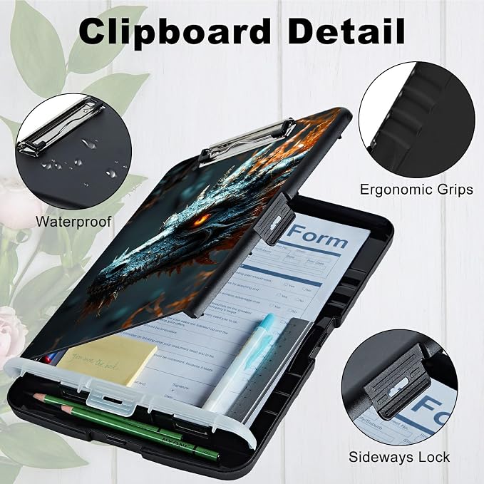 A4 Clipboard with Storage Pen Holder, Clipboards Organizer Nursing Clipboard Foldable File Folder Plastic Clipboard Folio Clip Board for Office Work Classroom Doctor, Forest Grey Dragon