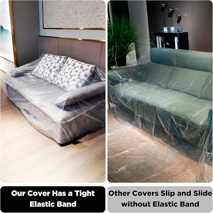 Plastic Loveseat Cover Furniture Cover with Elastic Band, Clear Sofa Cover Protector for Moving and Storage, Waterproof & Dustproof Moving Bags Slipcover 68W x 42D x 42H Inches (Loveseat)