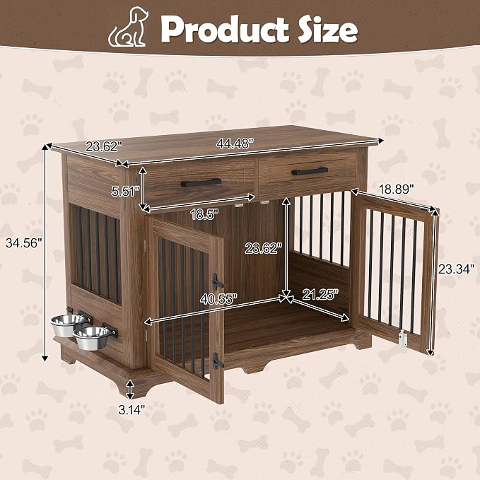 44.48" Large Dog Crate, 3-in-1 Wooden Dogs Crate End Table TV Stand Furniture with 2 Storage Drawers and Rotating Bowls, Decorative Pet House Dog Crates for Small/Medium Dogs, Brown