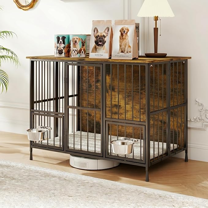 Hadulcet 41'' Foldable Dog Crate Furniture, Large Dog Kennel with 2 Bowls | Wooden Crate Table with Storage Top, Furniture Style Indoor Kennel for Small to Large Dogs with Rotating Food Door, Brown