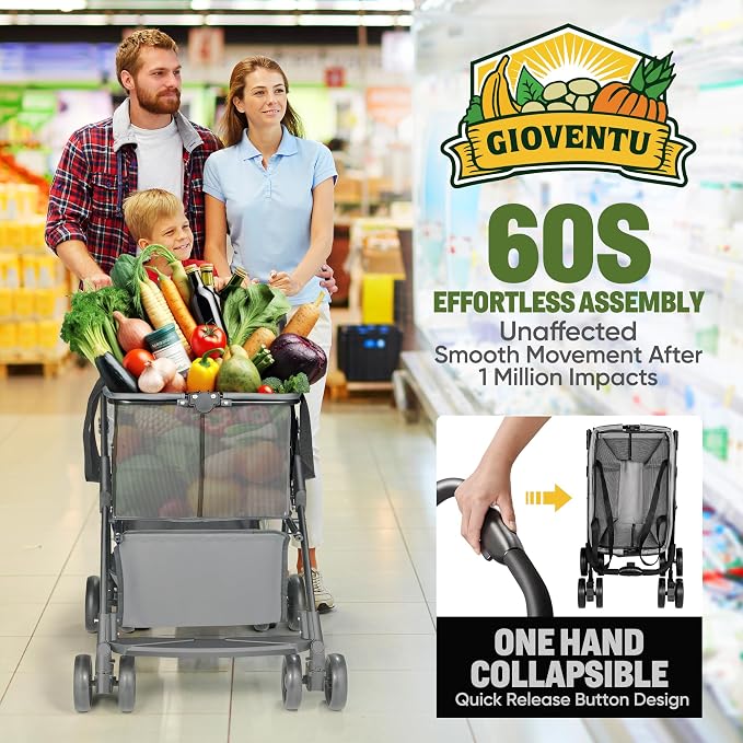 𝟐𝟎𝟐𝟔 𝐔𝐩𝐠𝐫𝐚𝐝𝐞𝐝 Folding Shopping Cart with Wheels, 80lbs Multi Use Grocery Carts with 360° Wheels & Removable Tote Bag, Multifunctional Portable Personal Shopping Carts for Groceries (Gray)