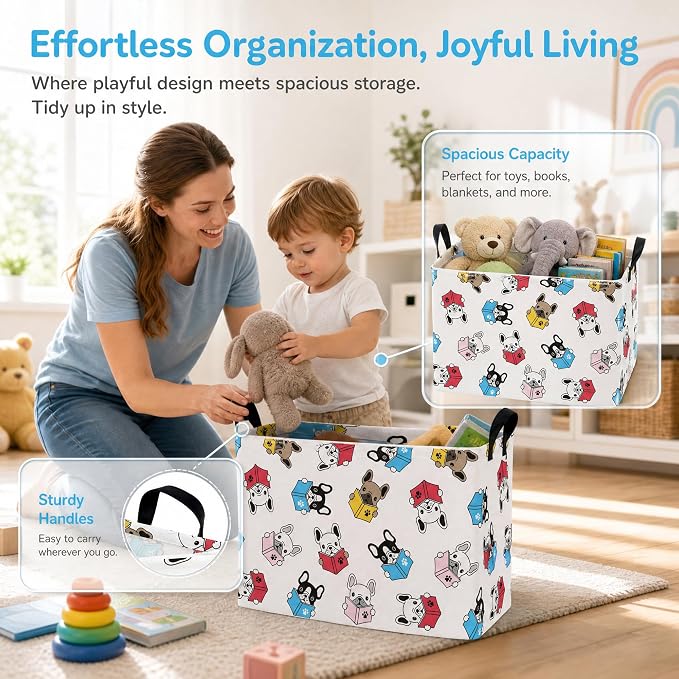 Large Dog Toy Basket Puppy Box Storage Bin (Blue Red) | Holder French Bulldog Stuff Organizer, Room Decor Gifts