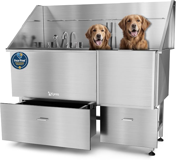 Professional Dog Washing Station 304 Stainless Steel Pet Wash Sink | Grooming Bathtub w/Shower, Floor Grates and Storage for Large, Medium & Small Pets