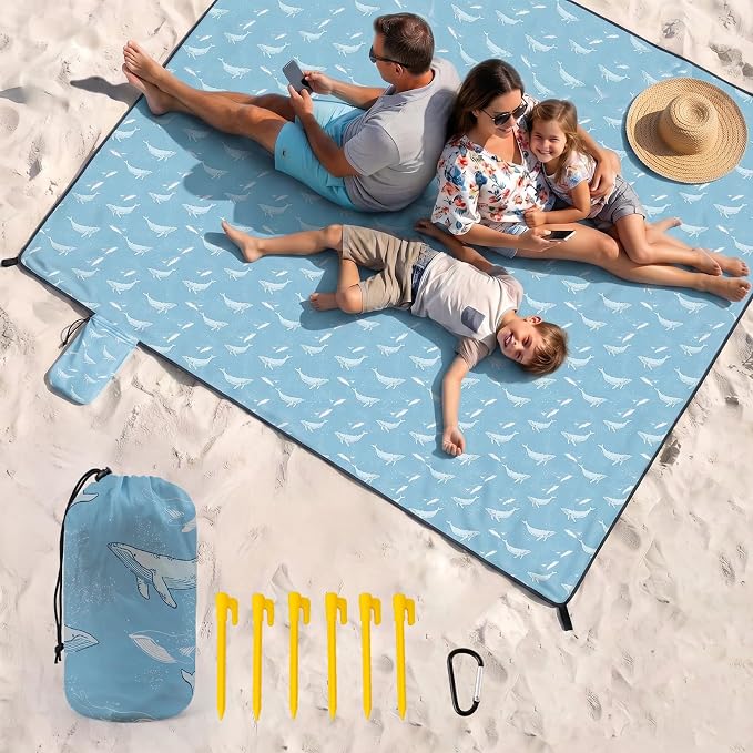 OIGAE Beach Blanket Waterproof Sandproof Oversized Beach Mat | Picnic Mat with Stakes, Storage Bag - Essentials for Outdoor Beach, Picnic,Quick-Dry Lightweight,Windproof Pockets