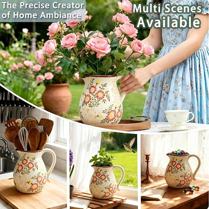 Farmhouse Ceramic Utensil Holder,6.1"Kitchen Counter Utensil Holder | Ceramic Utensil Organizer with Handle for Kitchen Countertop, Vintage Rustic Crock for Home Decor, Flower Pot, Spoon Tools