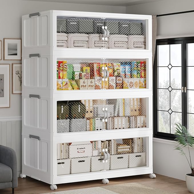 240GAL Plastic Storage Bins with Lid, 960QT Extra Large Stackable Closet Organizers and Storage, Collapsible Storage Boxes with Wheels, Folding Cabinet for Home Kitchen Office, 4Pack White