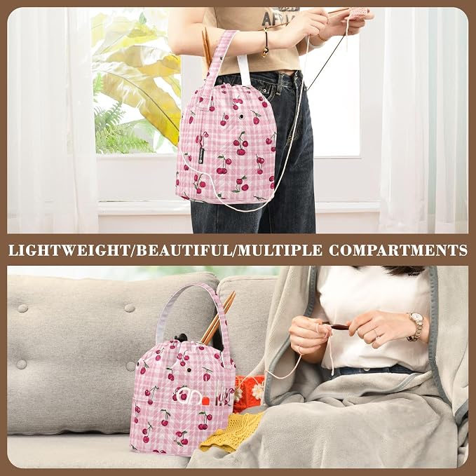 Tatenale Crochet Bag Yarn Bag Knitting Project Bag with Pockets and Handle Portable Yarn Storage Organizer Tangle Free 8.3x11 InchPink Cute Checkered Cherry13