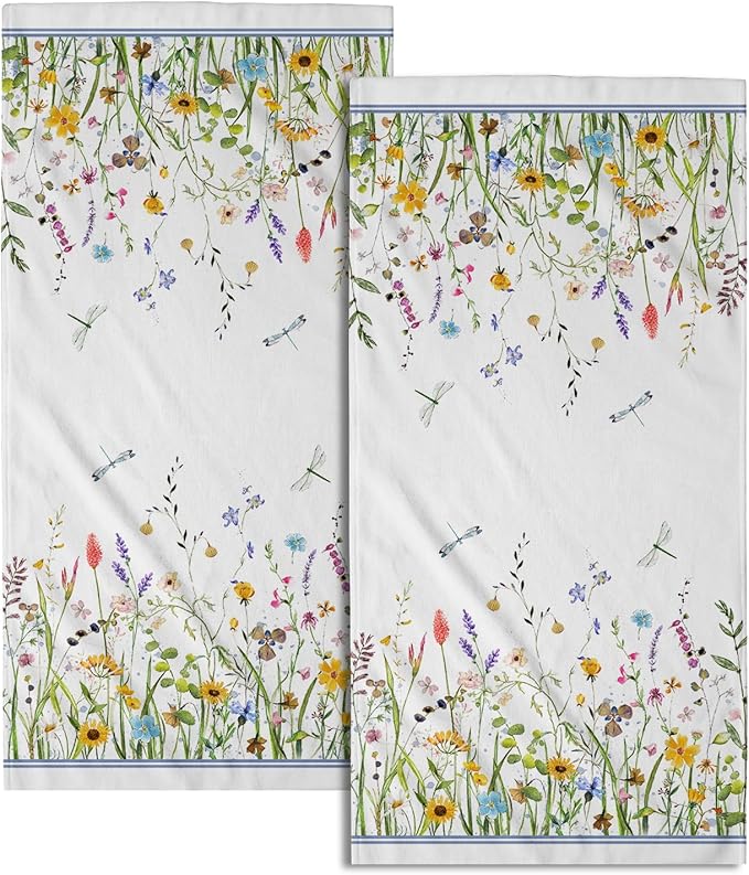 Wildflower Dragonfly Hand Towels Set of 2 Wild Floral Soft Microfiber Spring Summer Bath Towel Kitchen Dish Towels for Gym Spa Home Decor
