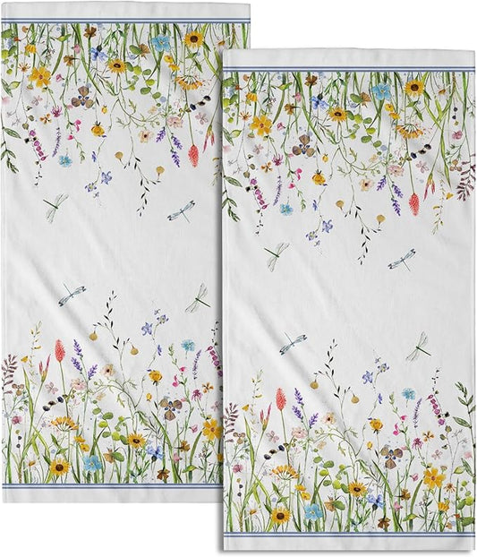 Wildflower Dragonfly Hand Towels Set of 2 Wild Floral Soft Microfiber Spring Summer Bath Towel Kitchen Dish Towels for Gym Spa Home Decor