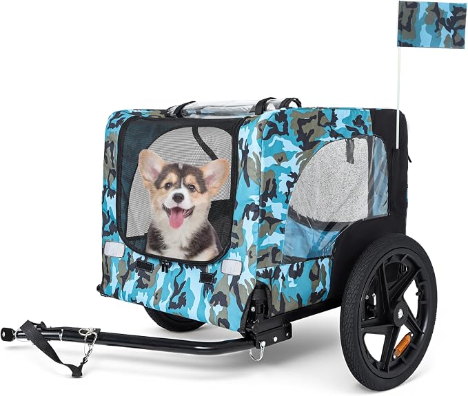 KEIKI Dog Bike Trailer with Built-in Leash, Pet Stroller Cart Bicycle Carrier, Easy Folding Cart Frame with Front Caster & 16" All-Terrain Wheels & Universal Hitch, Supports up to 66 lbs