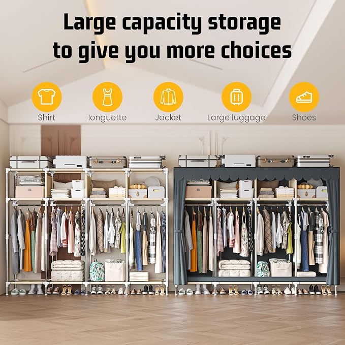 Large Portable Armoire Wardrobe Closet with 4 Hanging Rods and Lockers,Metal Storage Wardrobe Clothes Rack with Dust Cover for Clothes,16.7 in Wide,Bedroom,Gray (Grey, 77.5 in)