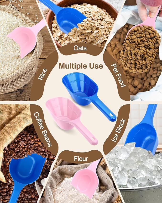 2 PACK Dog Food Scoop,1 Cup Capacity Pet Food Scoop For Dog and Cat | Pink and Blue,Clear Markings for Precise Measuring 1/2 and 1 Cup Lines,Dishwasher Safe,Plastic,Portable and Sturdy