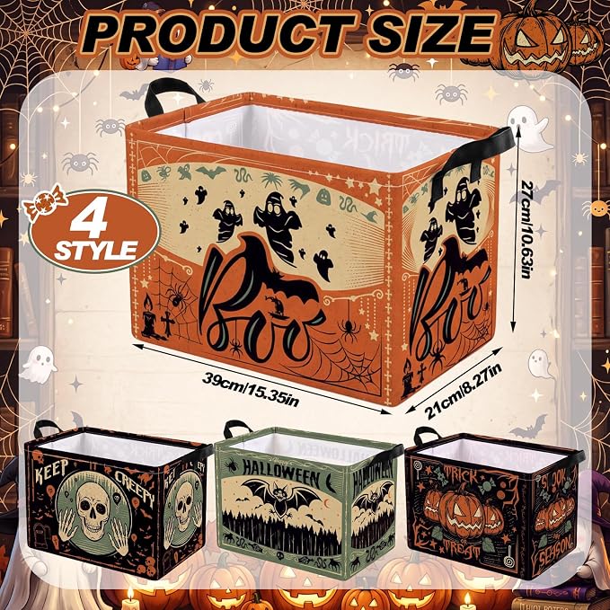 4 Pcs Vintage Halloween Storage Basket for Gifts Large Retro Gothic Storage Bins with Handles 15 x 10 x 8 Fabric Laundry Baskets Spooky Halloween Collapsible Organizer Boxes for Home Cloth Toy