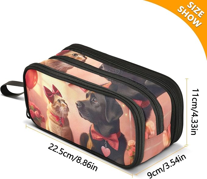 Valentine Love Pets Cat Dog Big Pencil Pouch Zipper Pencils Case Cute Pen Marker Bag for Girls Art Print Storage Pencil Bags Stationery Kids Organizer School Supply