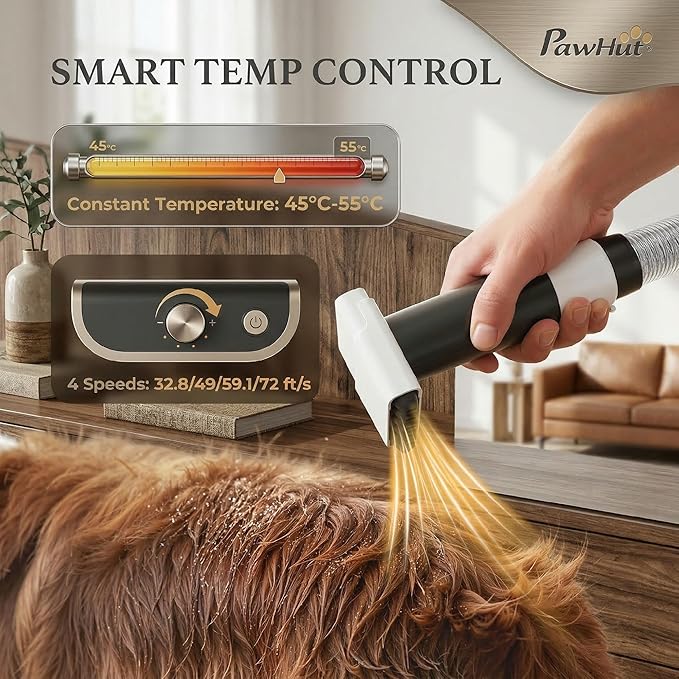 PawHut Dog Grooming Vacuum & Dryer, 5 in 1 Pet Grooming Kit with 50dB Low Noise Electric Clipper, 12Kpa Powerful Dog Vacuum for Shedding Pet Hair, Adjustable Speed & Temperature, 1.8L Canister