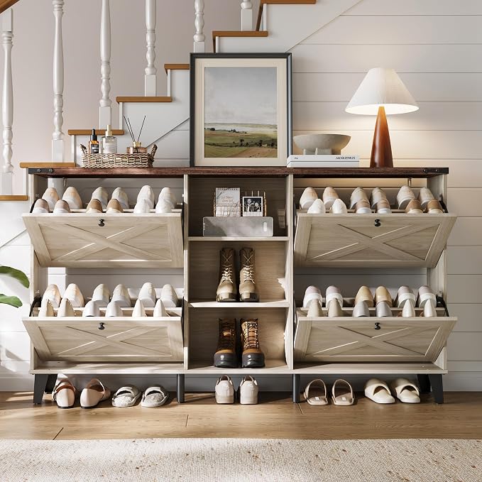 LINSY 63" Farmhouse Shoe Storage Cabinet Washed White | Tall Flip-Drawer Shoe Rack for Entryway, Adjustable Shelves for Boots, Heels & Sneakers Wood Finish with Sturdy Metal Legs