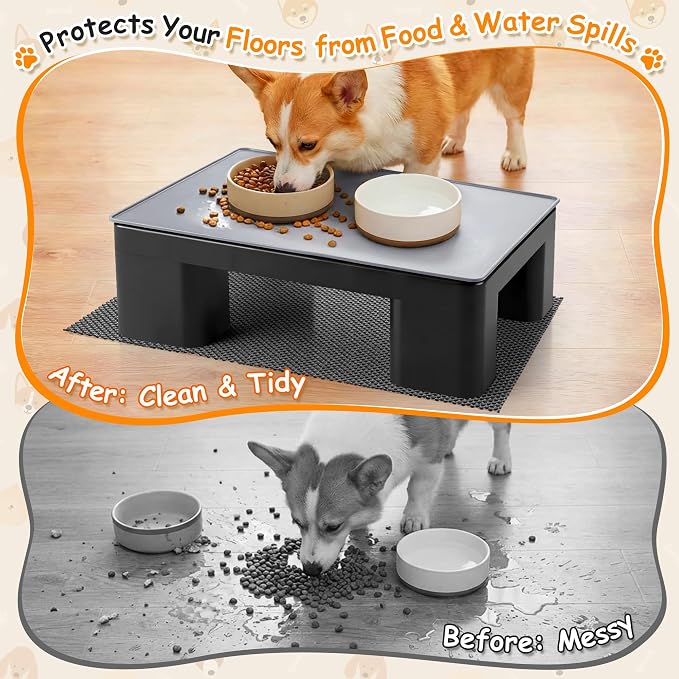 2 Pcs Elevated Dog Bowl Stand with Waterproof Dog Food Mat, Non-Slip, Black | Reduce Neck & Joint Strain, Easy to Clean Silicone Pet Feeding Mat, Sturdy Legs, Ideal for Small & Medium Dogs and Cats