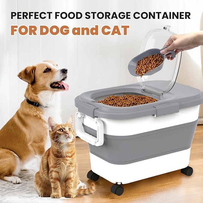 15-23Lbs Airtight Dog Food Storage Container,Collapsible Dog Food Container | Cat Food Container with Double Airtight Seal & Magnetic Lid,Large Pet Food Storage Container Wheels & Handle for Easy Moving