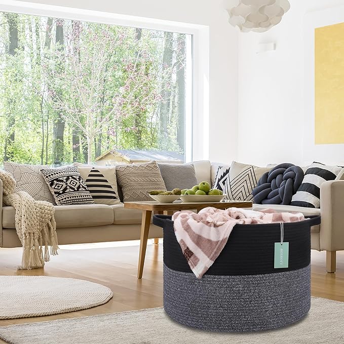 Large Cotton Rope Blanket Basket, 87L Laundry Hamper, Black & Gray