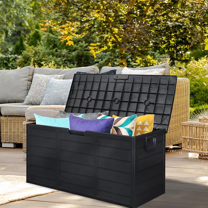 75 Gallon Black Outdoor Storage Box with Wheels, Waterproof Resin Deck Box for Patio Cushions & Garden Tools, Rolling Garden Storage Bin, Weather Resistant Trunk
