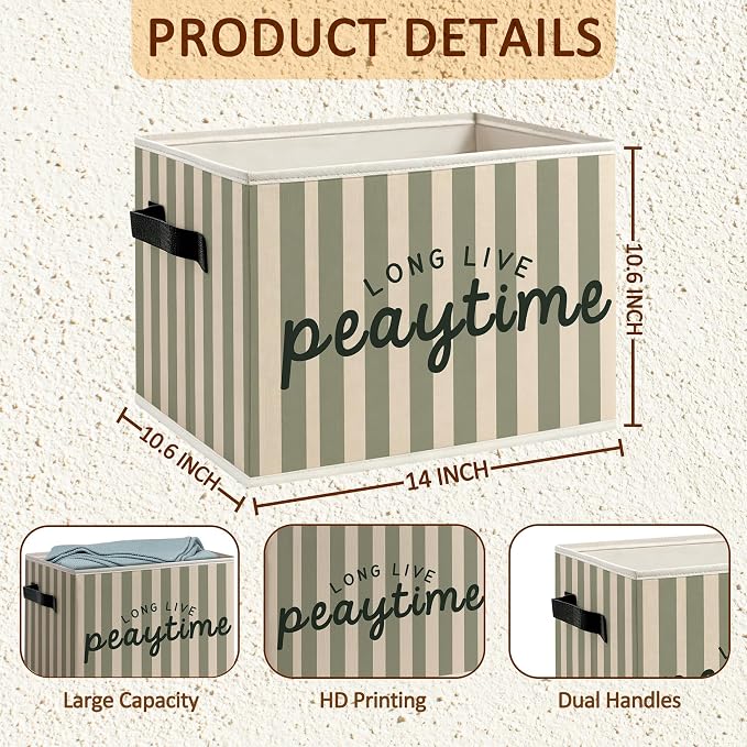 Kids Playroom Foldable Storage Bins Box with Handles, Long Live Playtime Retro Green Striped Decorative Storage Boxes Baskets Toybox Organizer for Kids Nursery Room Bedroom Playroom